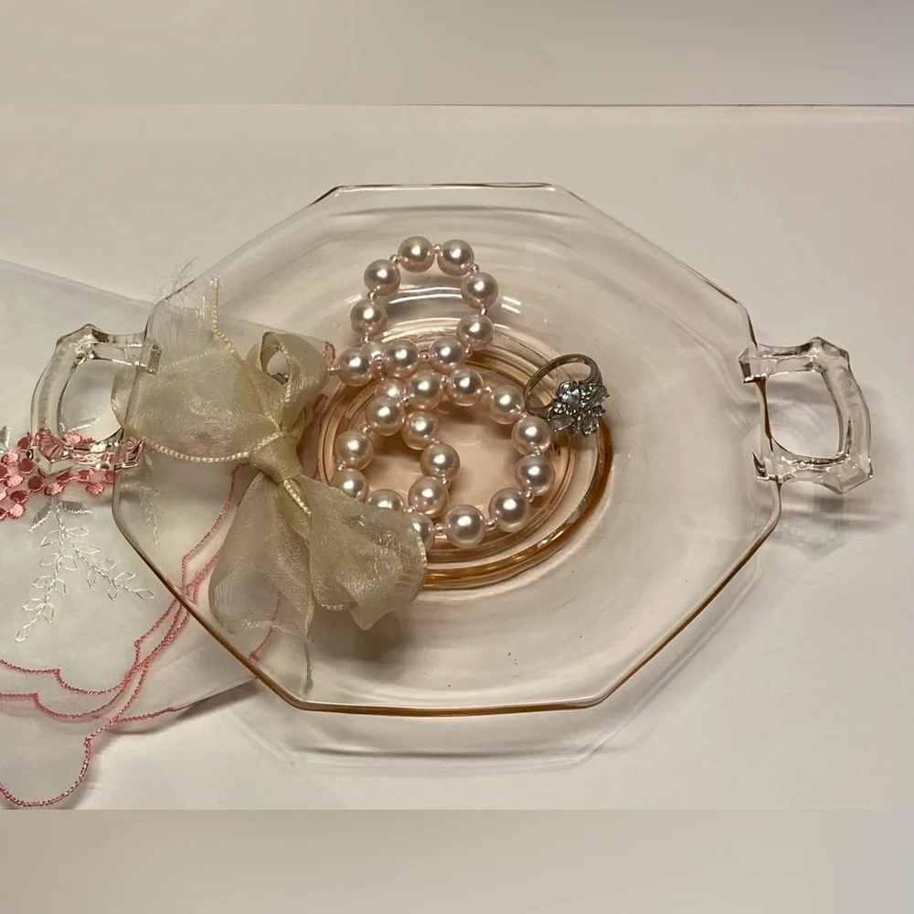 1930s Art Deco Pink Octagonal Glass Footed Plate Tidbit Tray Platter w/Handles - Picture 4 of 13